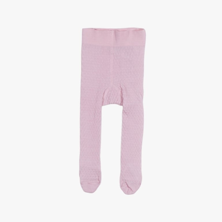 Frontvisning av rosa babystrømpebukser med teksturert strikket mønster og elastisk midje.