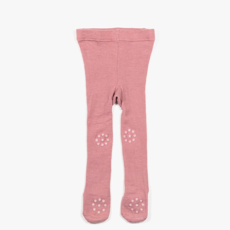 Rosa baby strømpebukse med anti-skli prikker på knær og føtter.