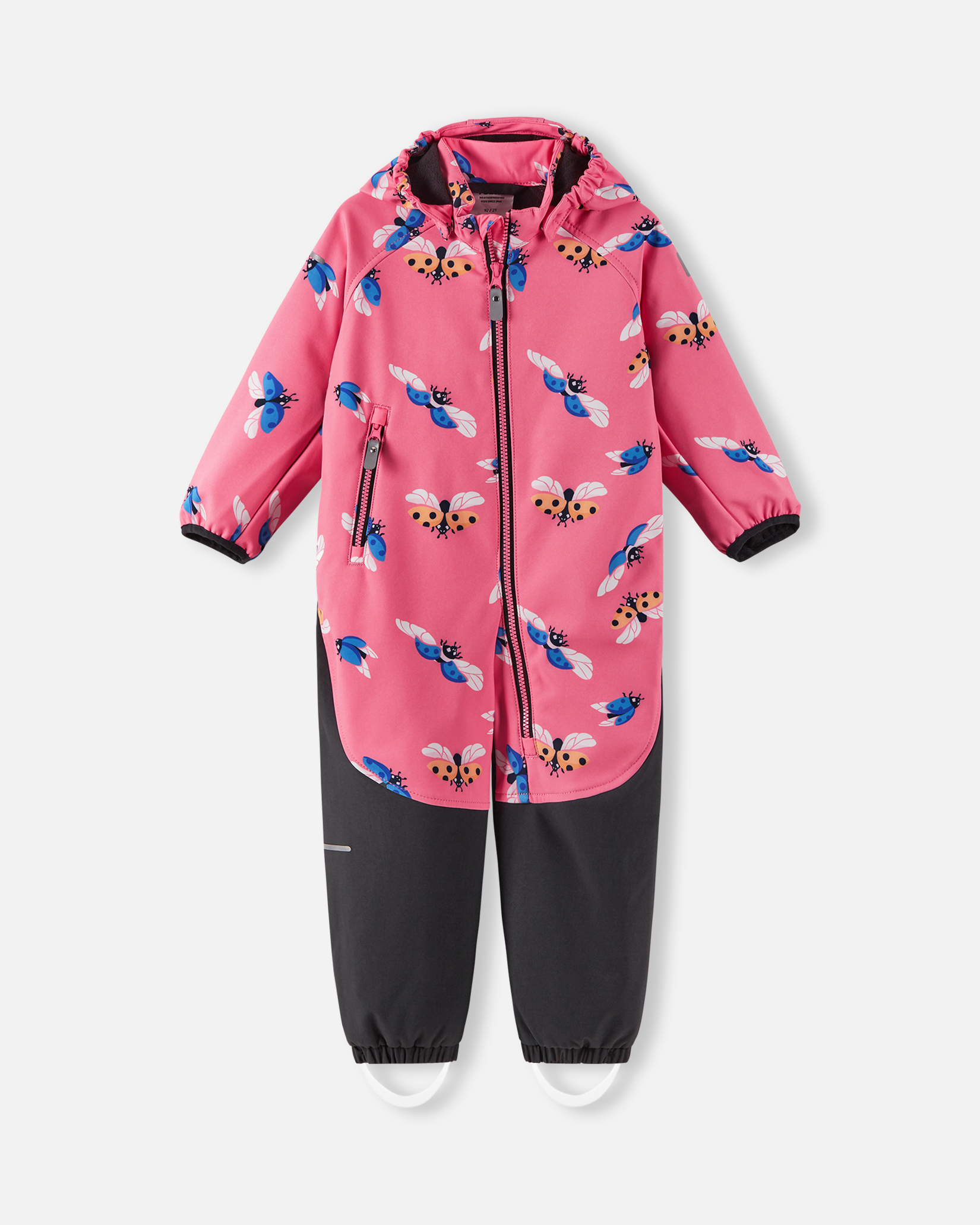 Barneoverall i rosa med insektmønster og mørkegrå ben, glidelås foran, hette og fotstropper.