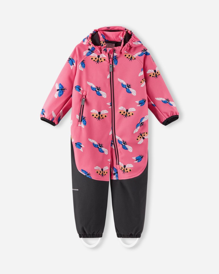 Barneoverall i rosa med insektmønster og mørkegrå ben, glidelås foran, hette og fotstropper.