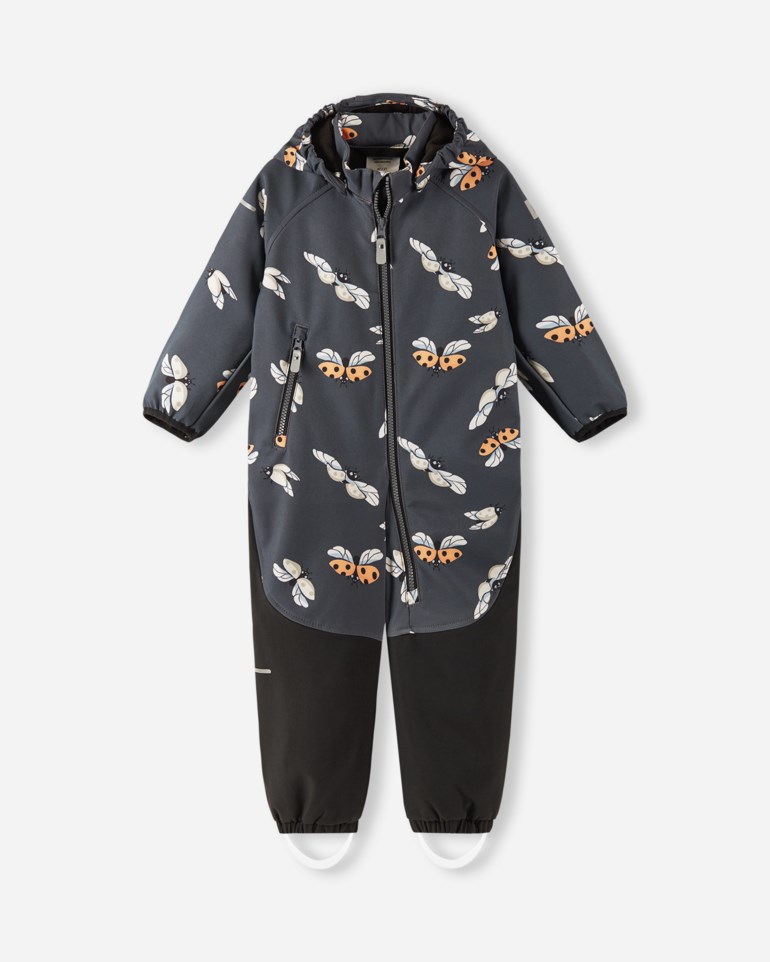 Mørkegrå og svart mønstret softshell heldress for barn med oransje marihøner og hvite insekter, forfra.