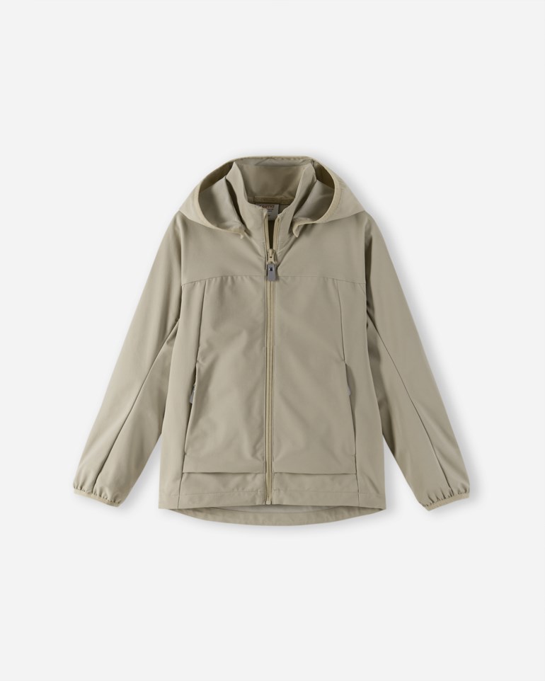 Frontvisning av en lys beige hettejakke med hel glidelås, lange ermer og sidelommer.