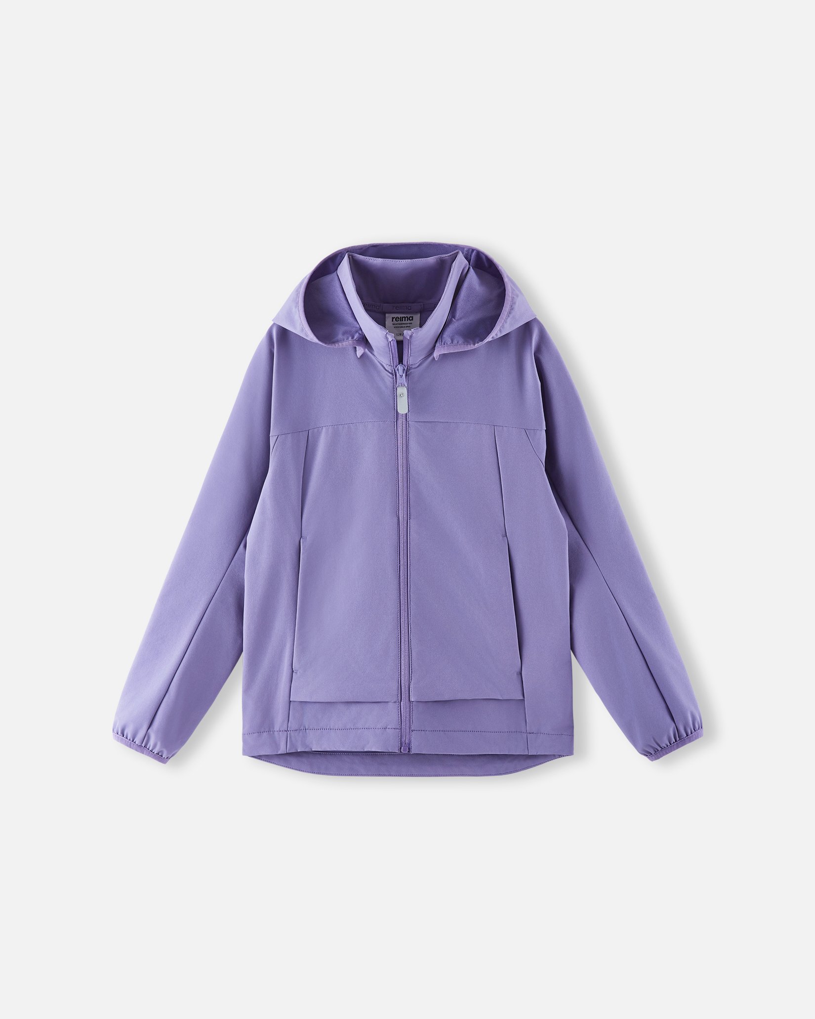 En lilla hettejakke for barn med hel glidelås, vist forfra.