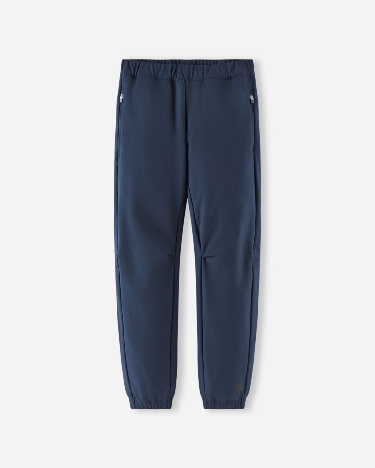 Mørkeblå joggebukser for menn med elastisk midje, sidelommer med glidelås og elastiske mansjetter.