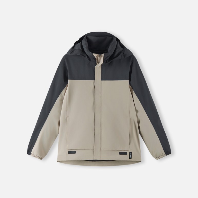 Barnehettejakke, mørk grå topp og ermer, lys beige kropp, med hel glidelås foran.