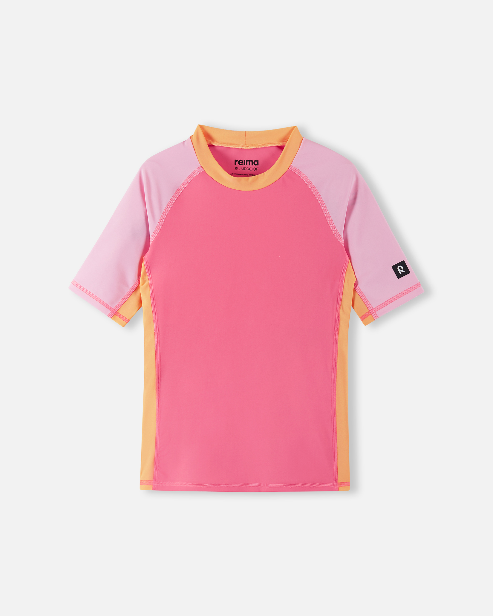 Barns rosa UV-trøye med lyserosa raglanermer og oransje sidepaneler, forfra.