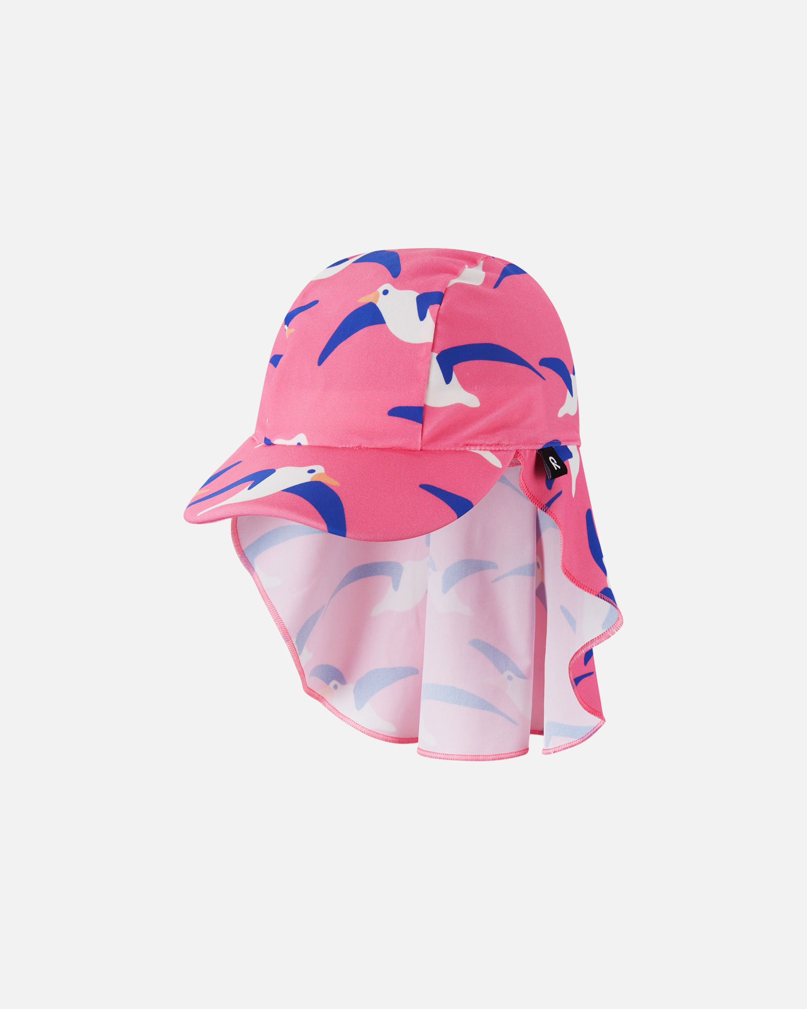 Barnas rosa solhatt med nakkeklaff, mønstret med hvite og blå måker.