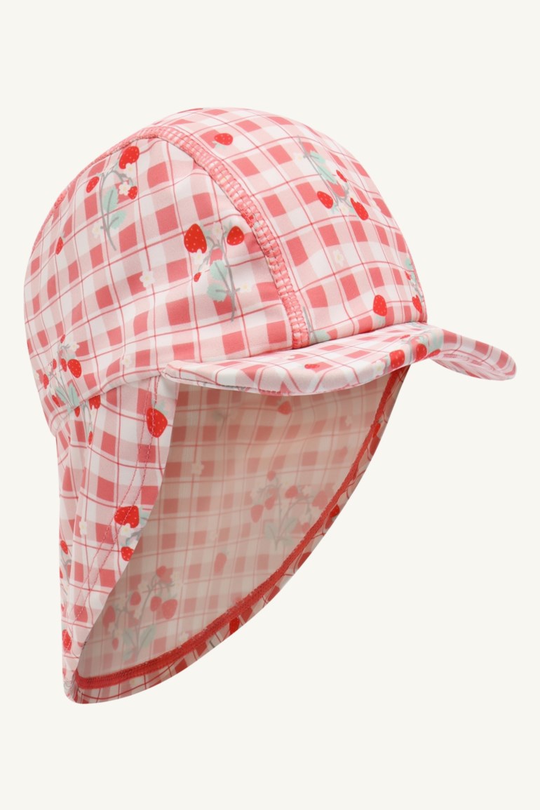 Barne rosa og hvitrutete solhatt med jordbærtrykk, visir og beskyttende nakkeklaff.