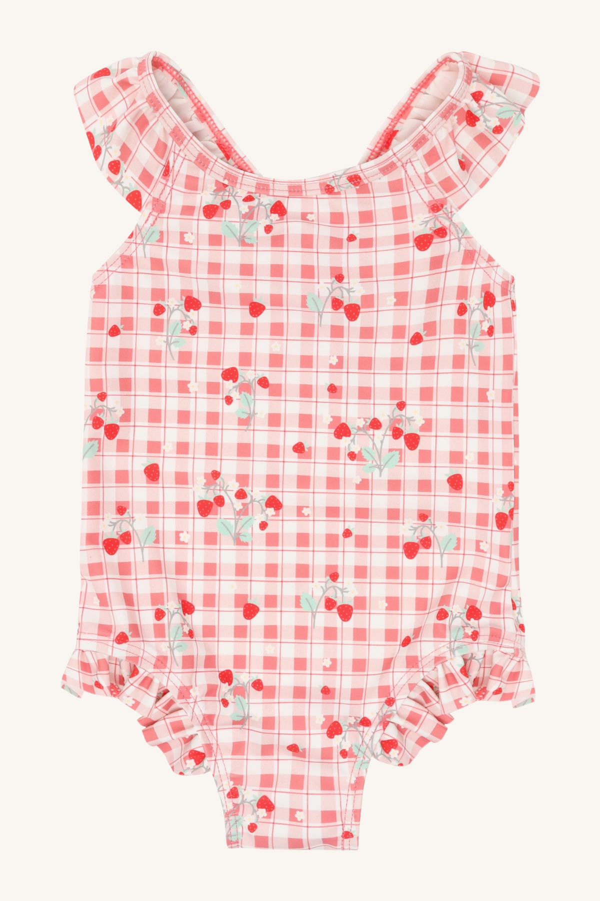 Babys rosa og hvitrutete badedrakt med jordbærtrykk, volangermer og benåpninger.