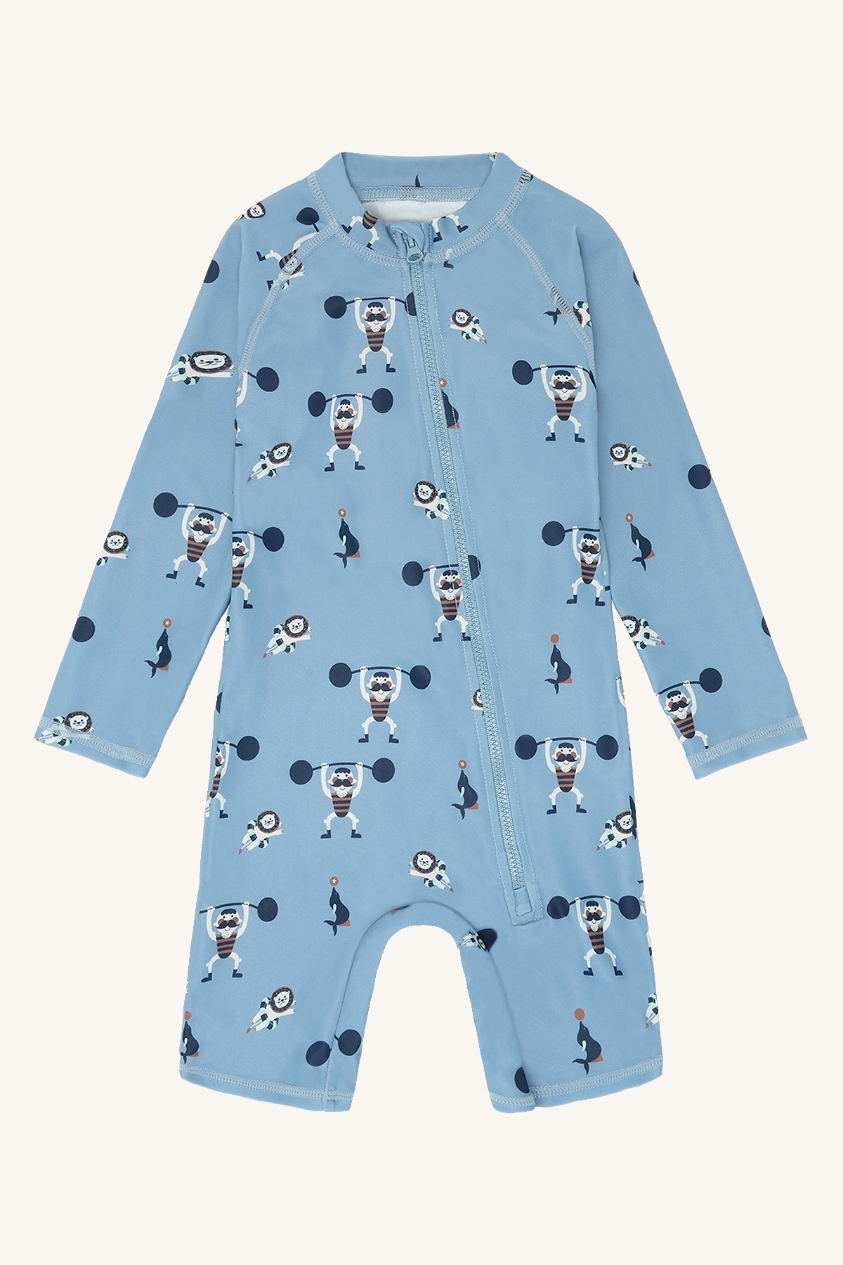 Lys blå baby langermet badedrakt med sirkus strongman, sel og løvemønster, med glidelås foran.
