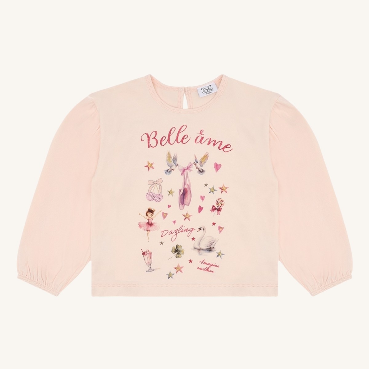 Barns lys rosa langermet topp med rund hals, puffermer og et fargerikt ballerina grafisk trykk.