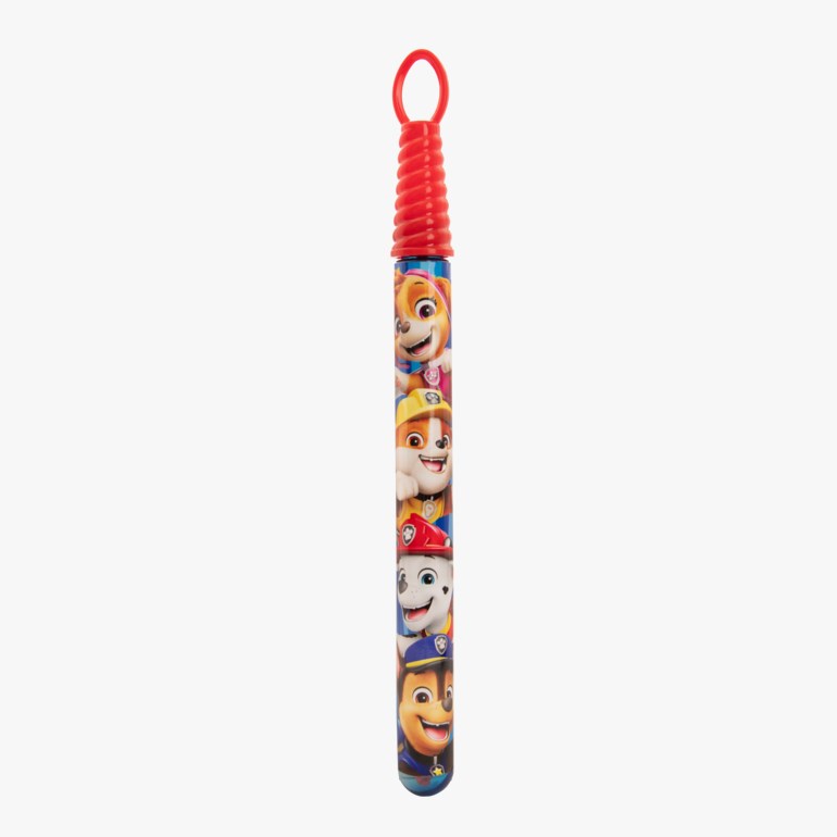 En rød og blå Paw Patrol boblestav med riflet håndtak og karaktergrafikk av Skye, Rubble, Marshall og Chase.