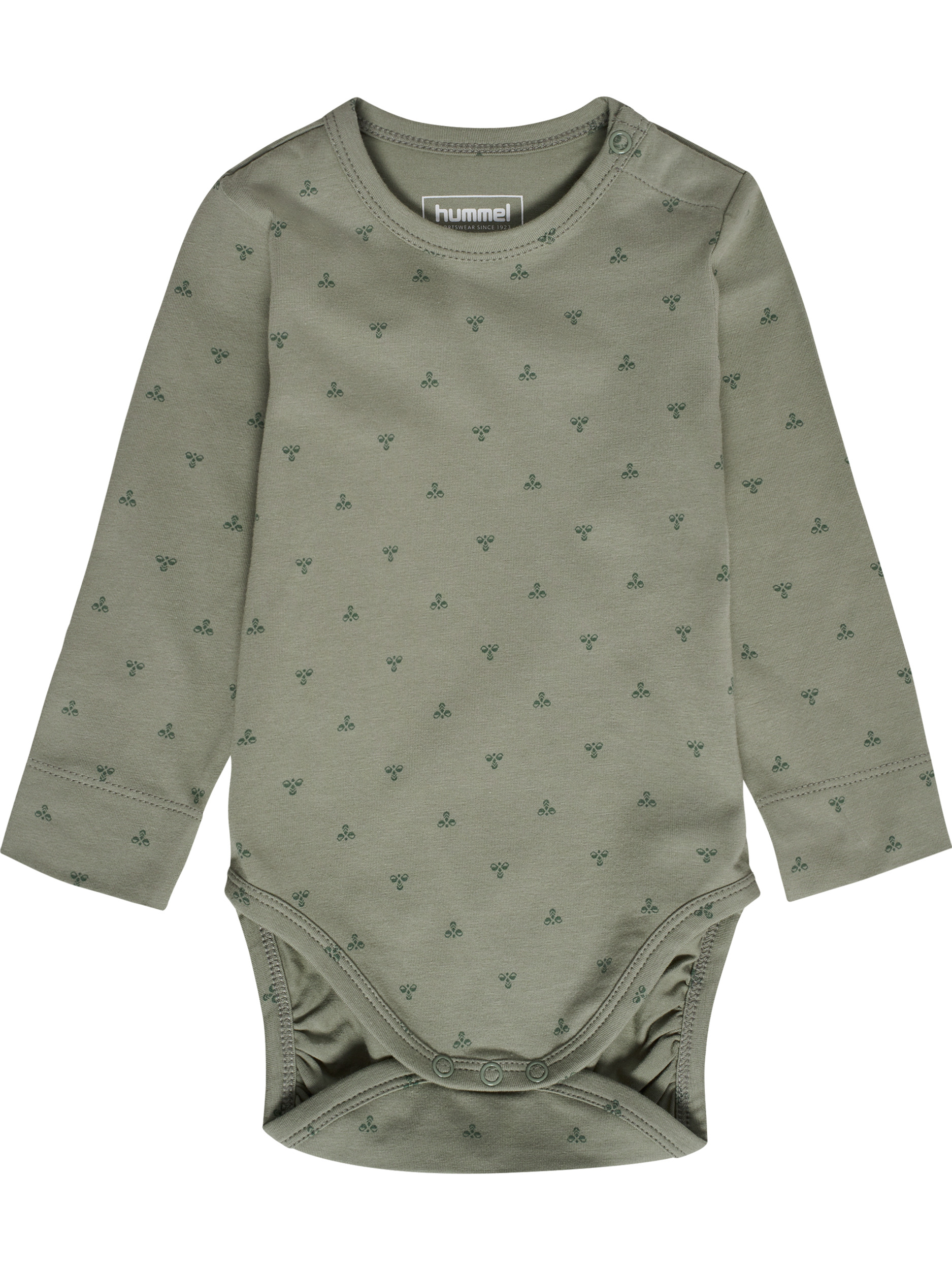 Lysegrønn langermet babybody med små mørkegrønne mønstre, trykknapper ved skulder og skritt, forfra.