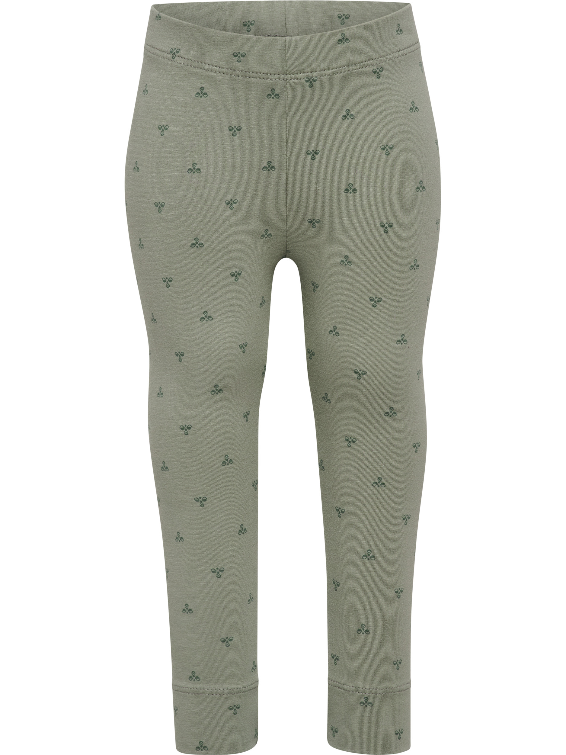 Barns salviegrønne mønstrede leggings med elastisk linning og ribbestrikkede mansjetter, forfra.