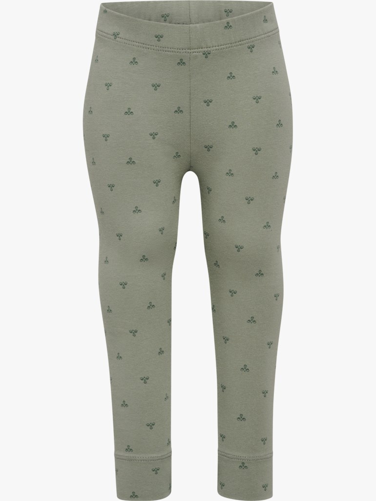 Barns salviegrønne mønstrede leggings med elastisk linning og ribbestrikkede mansjetter, forfra.
