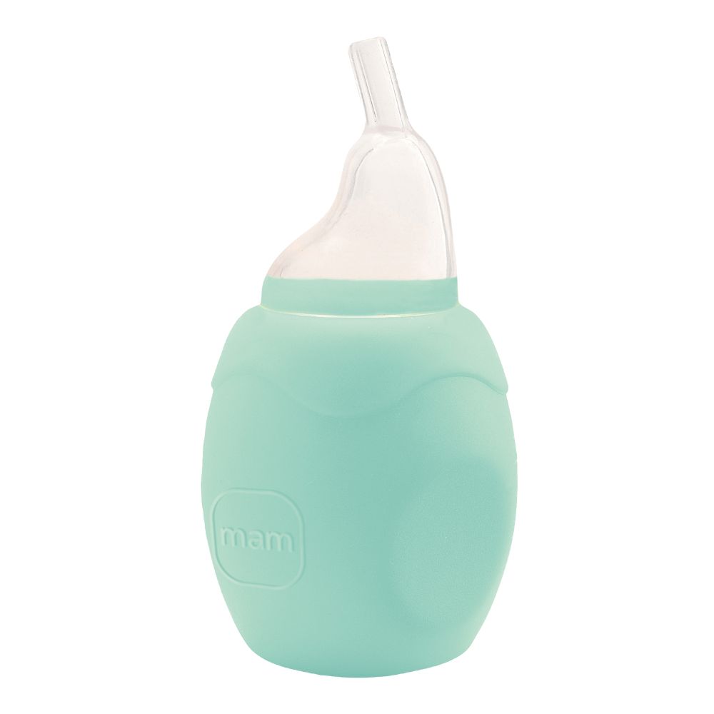 Mintgrønn nesesuger for baby med en klar, buet dyse og en ergonomisk silikonpumpe.