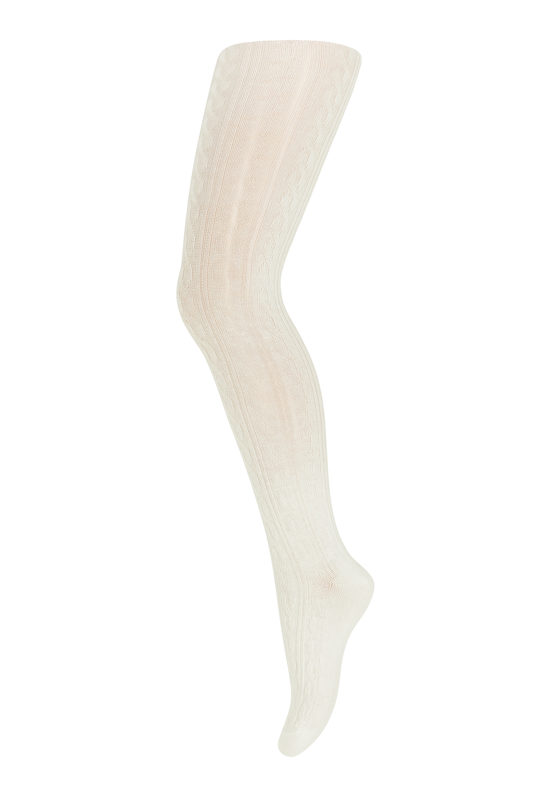 Hvite kabelstrikkede strømpebukser med et teksturert mønster vist på et utstillingsdukkebein, full lengde.