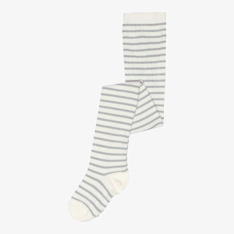 Baby strømpebukser i ribbet design med hvite og grå horisontale striper.