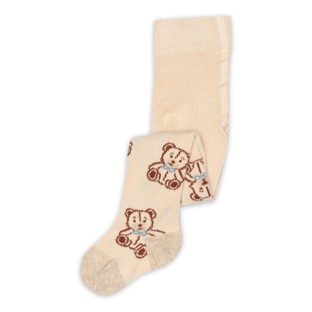 Baby beige strømpebukse med brune teddybjørnmønstre og lyseblå sløyfer.