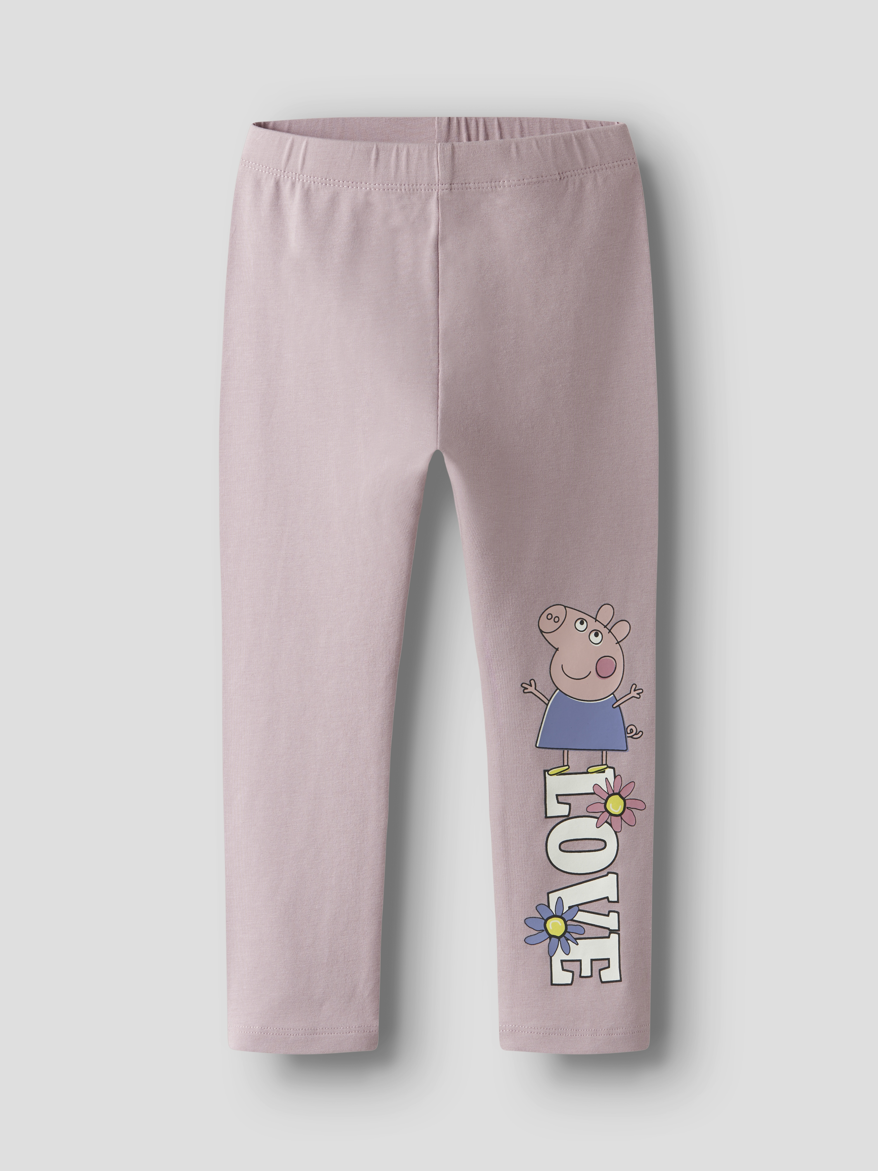 Barns rosa leggings med Peppa Gris-figur og 'LOVE'-grafikk med blomster, forfra.