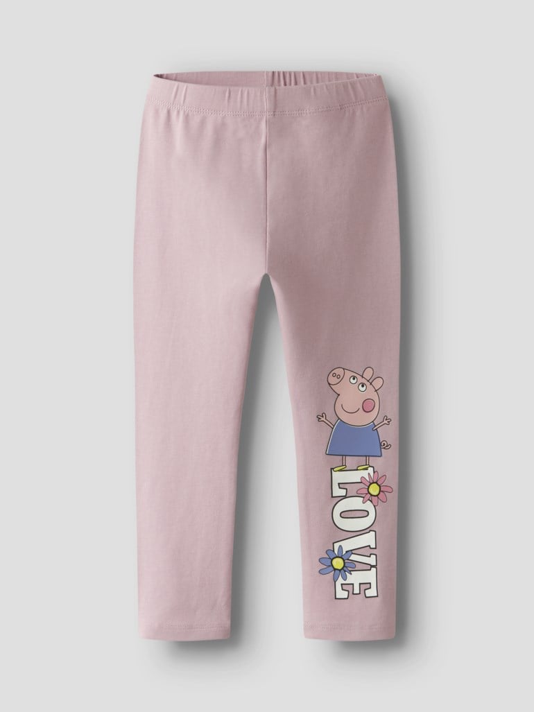 Barns rosa leggings med Peppa Gris-figur og 'LOVE'-grafikk med blomster, forfra.