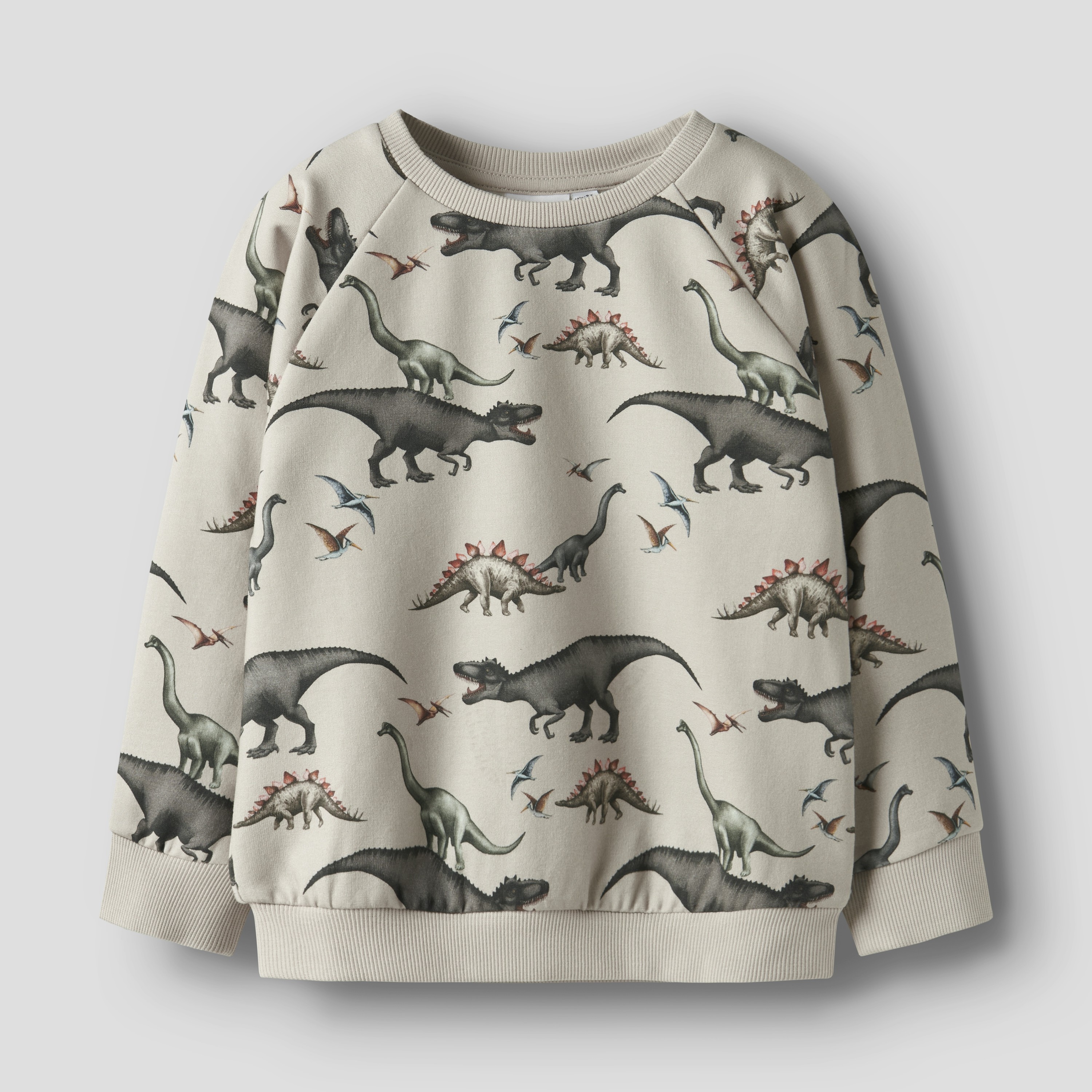 Barns beige genser med rund hals og heldekkende mørkt dinosaur- og pterodactylmønster, forfra.