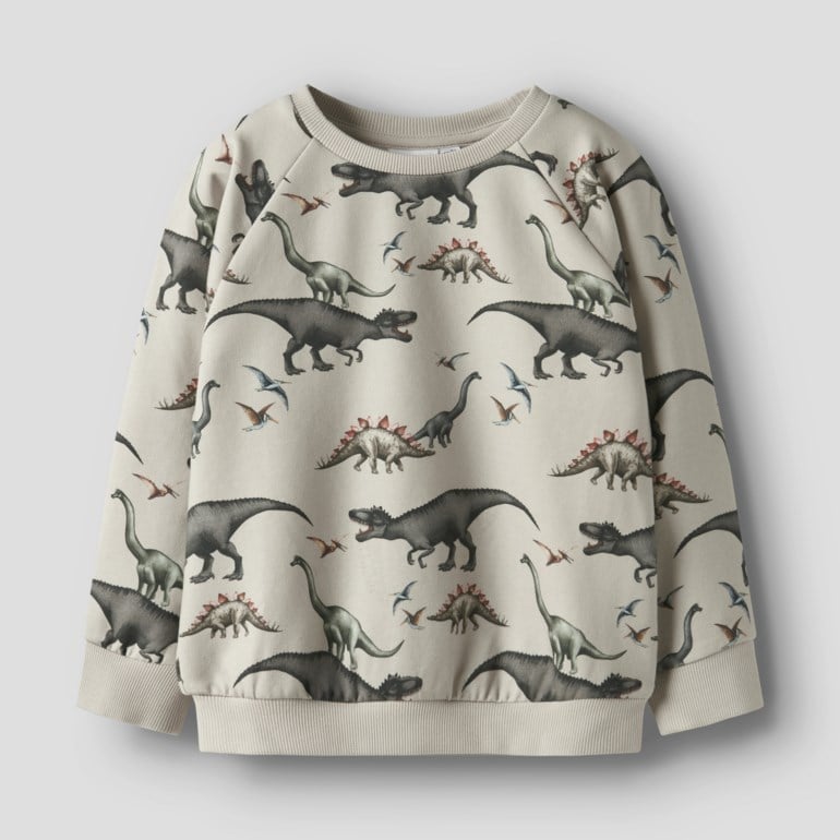 Barns beige genser med rund hals og heldekkende mørkt dinosaur- og pterodactylmønster, forfra.