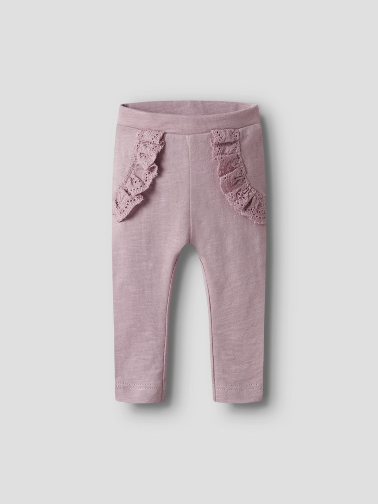Støvrosa baby leggings med volanger i blondekant på øvre front.