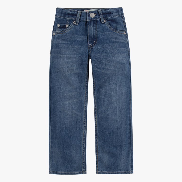 Frontbilde av rette blå jeans for barn i denim med knappgylf og frontlommer.