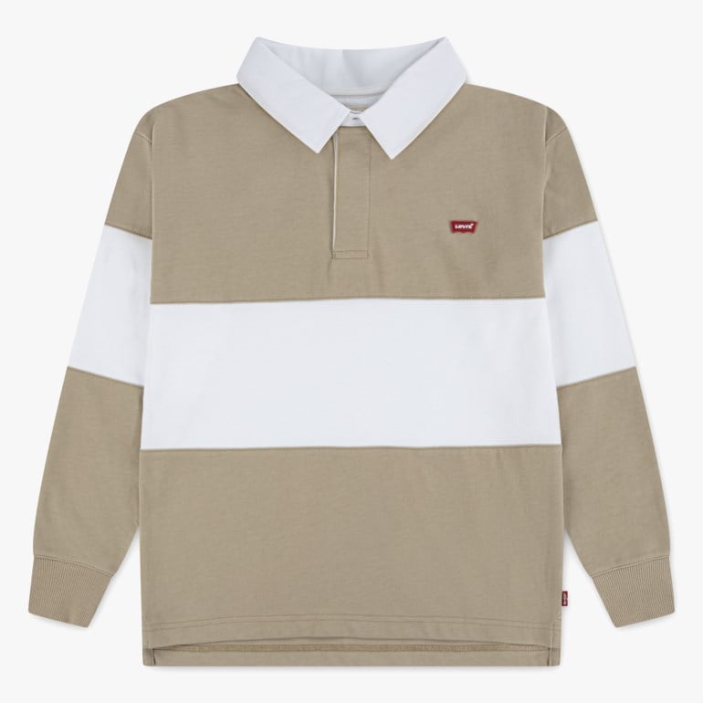 Frontbilde av en beige og hvitstripet langermet rugbygenser med hvit krage og ribbestrikkede mansjetter.