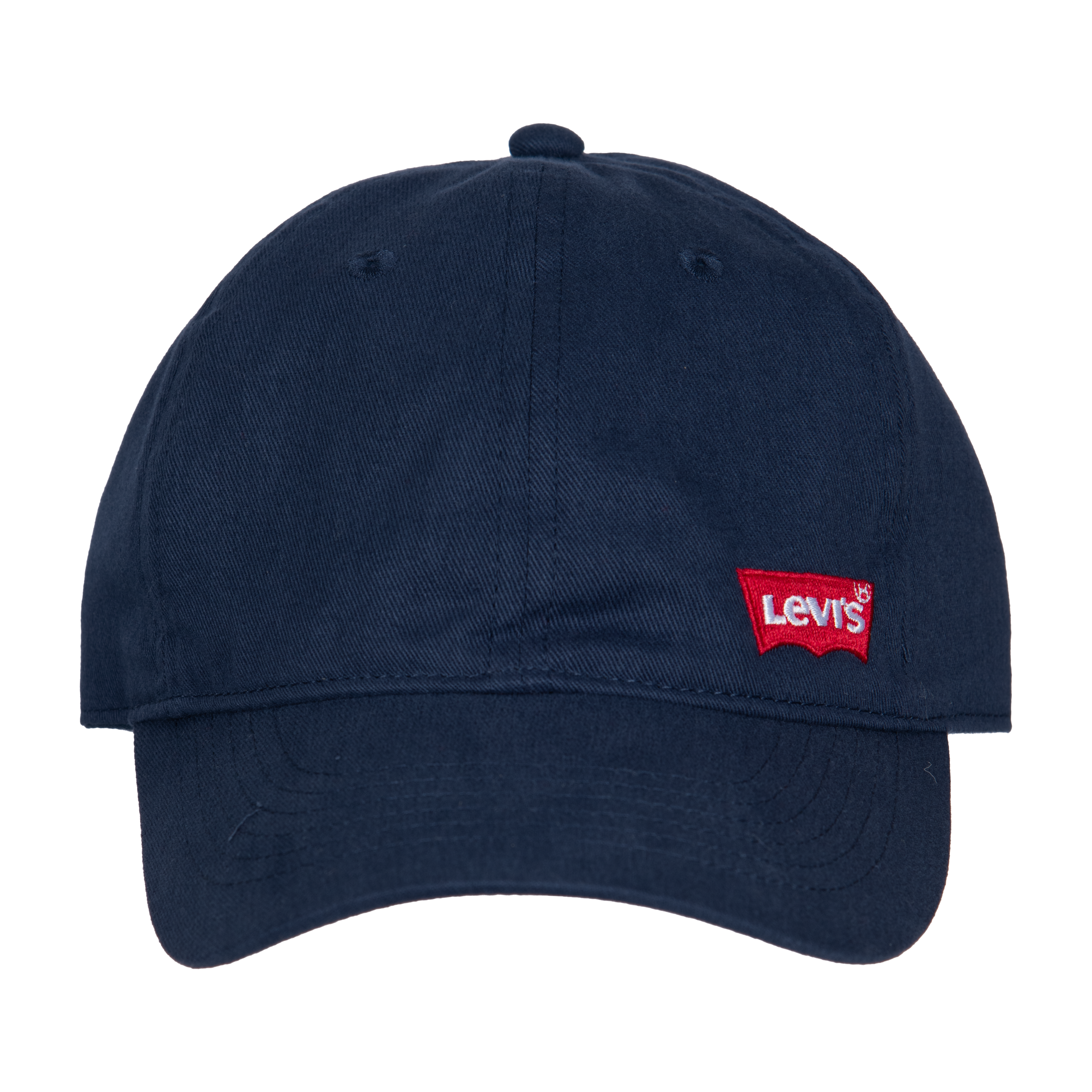 En marineblå baseballcaps med en rød rektangulær lapp brodert på fronten, sett forfra.