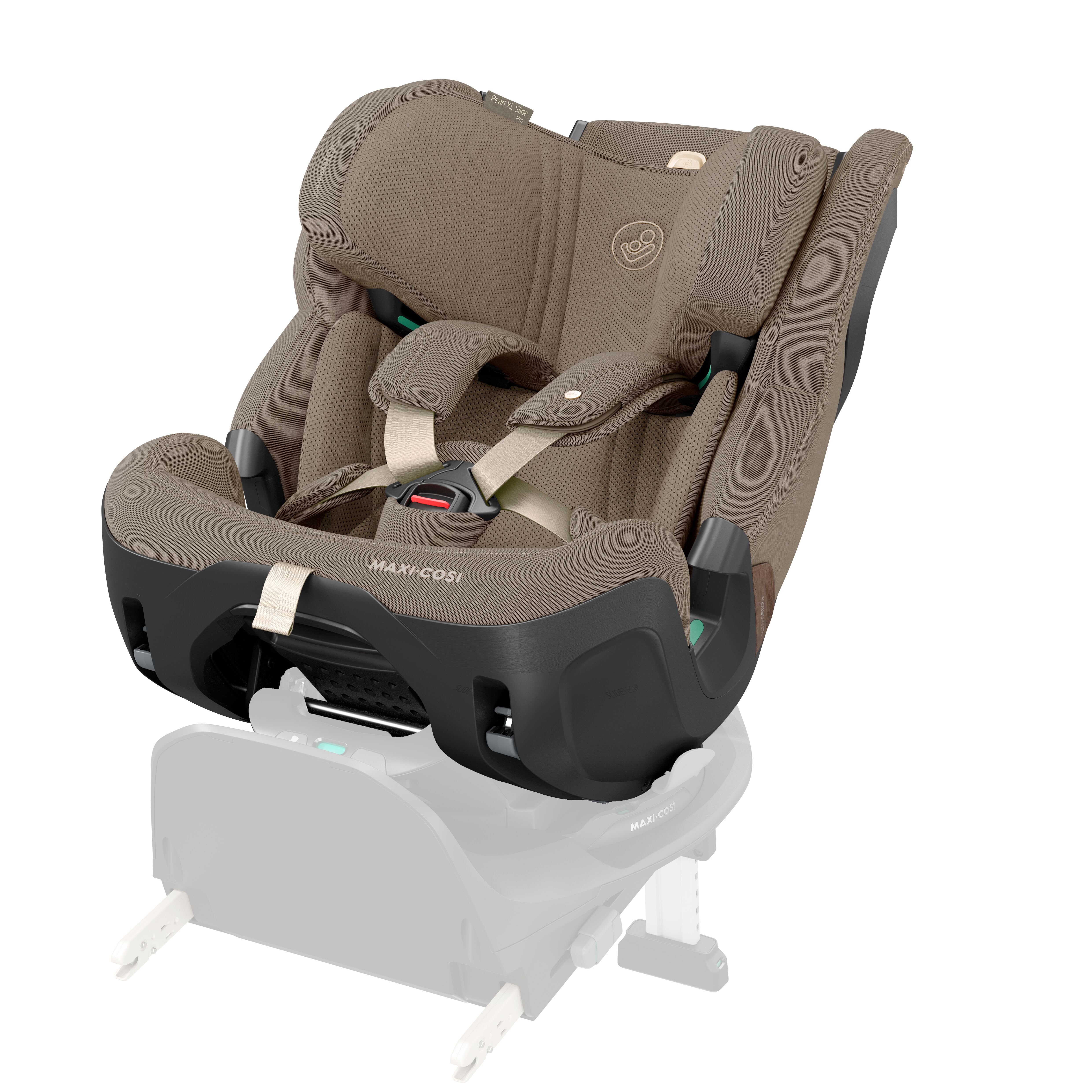 Brun og svart baby bilsete med beige sele, sikkert montert på en grå ISOFIX-base, forfra.