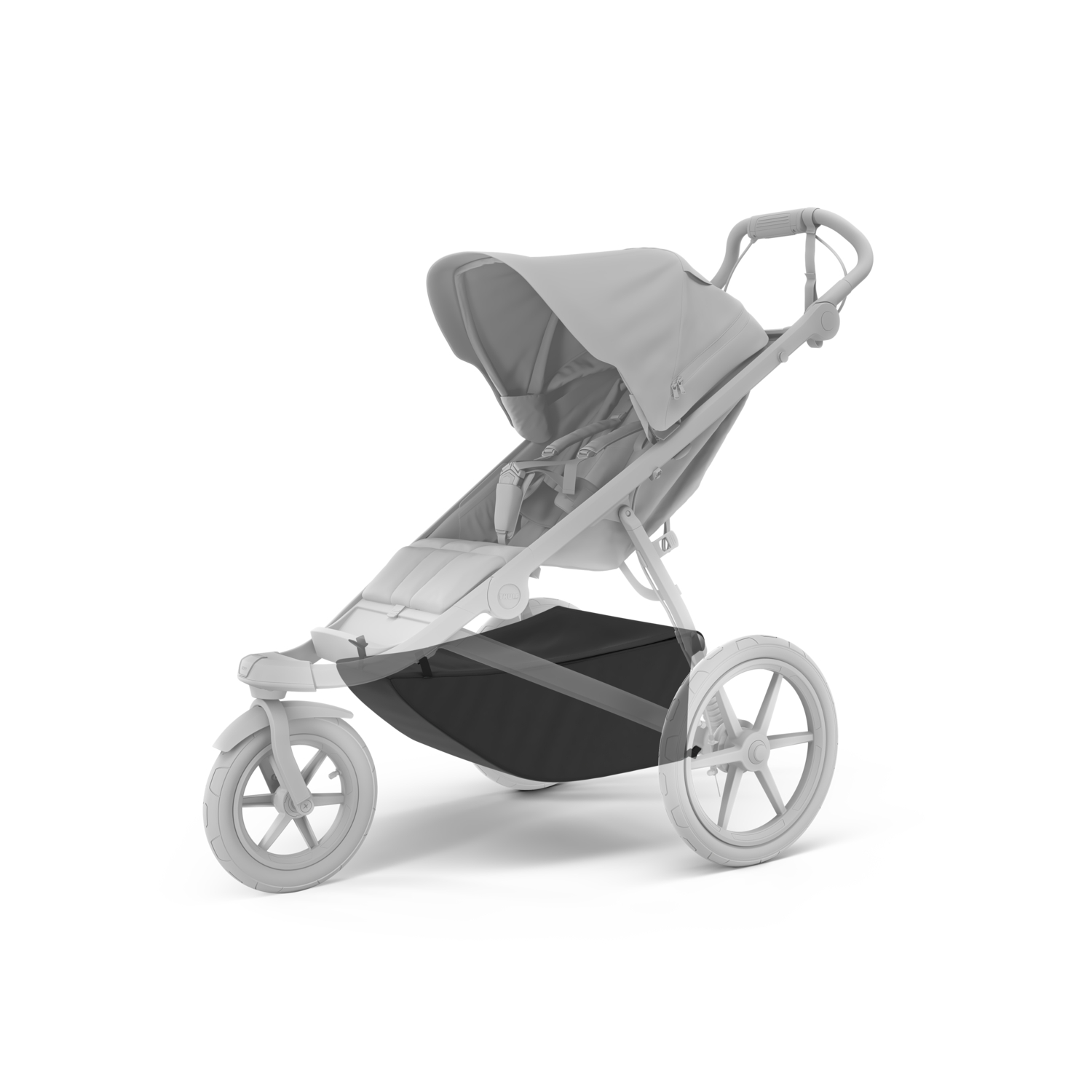 En lys grå barnevogn med svart kalesje og svart oppbevaringskurv, sett fra siden.