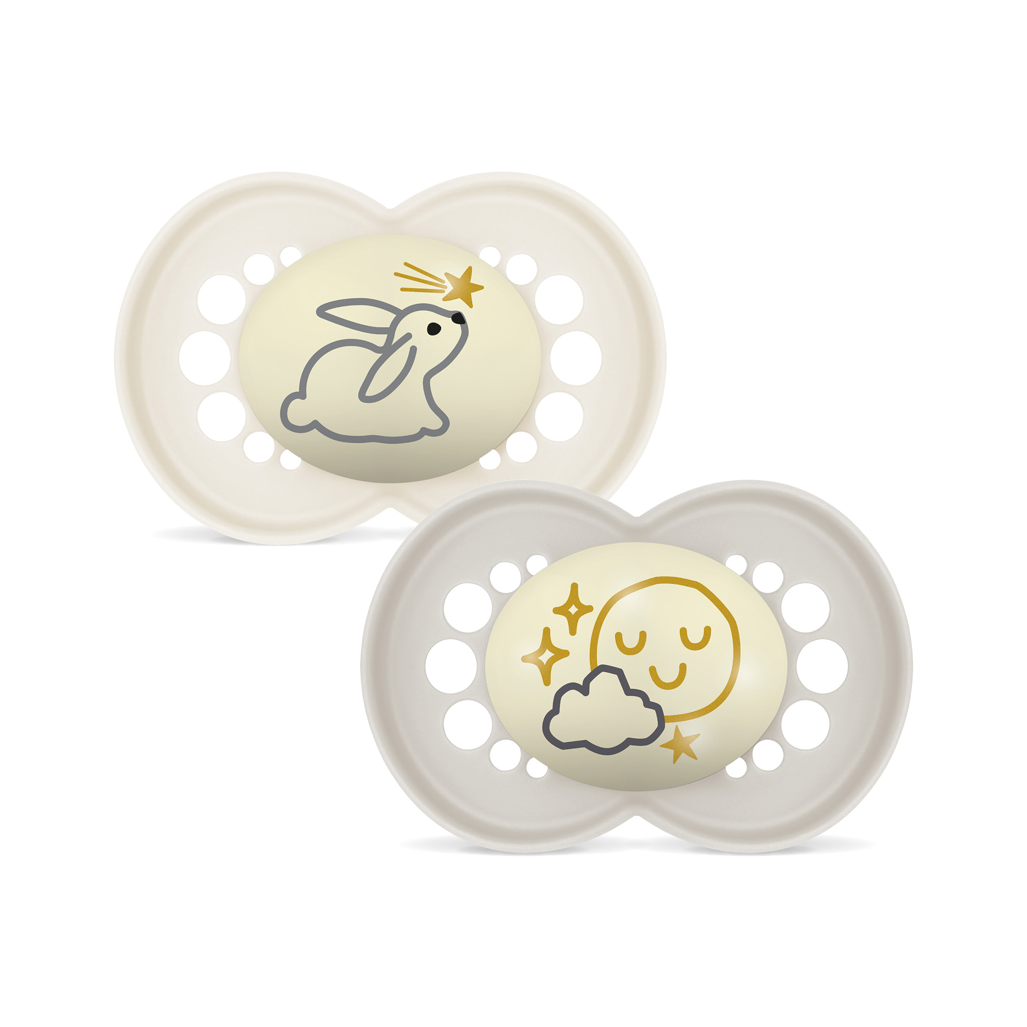 To kremfargede babynapper: en med grå kanin og gullstjerne, den andre med gull måne og grå sky.