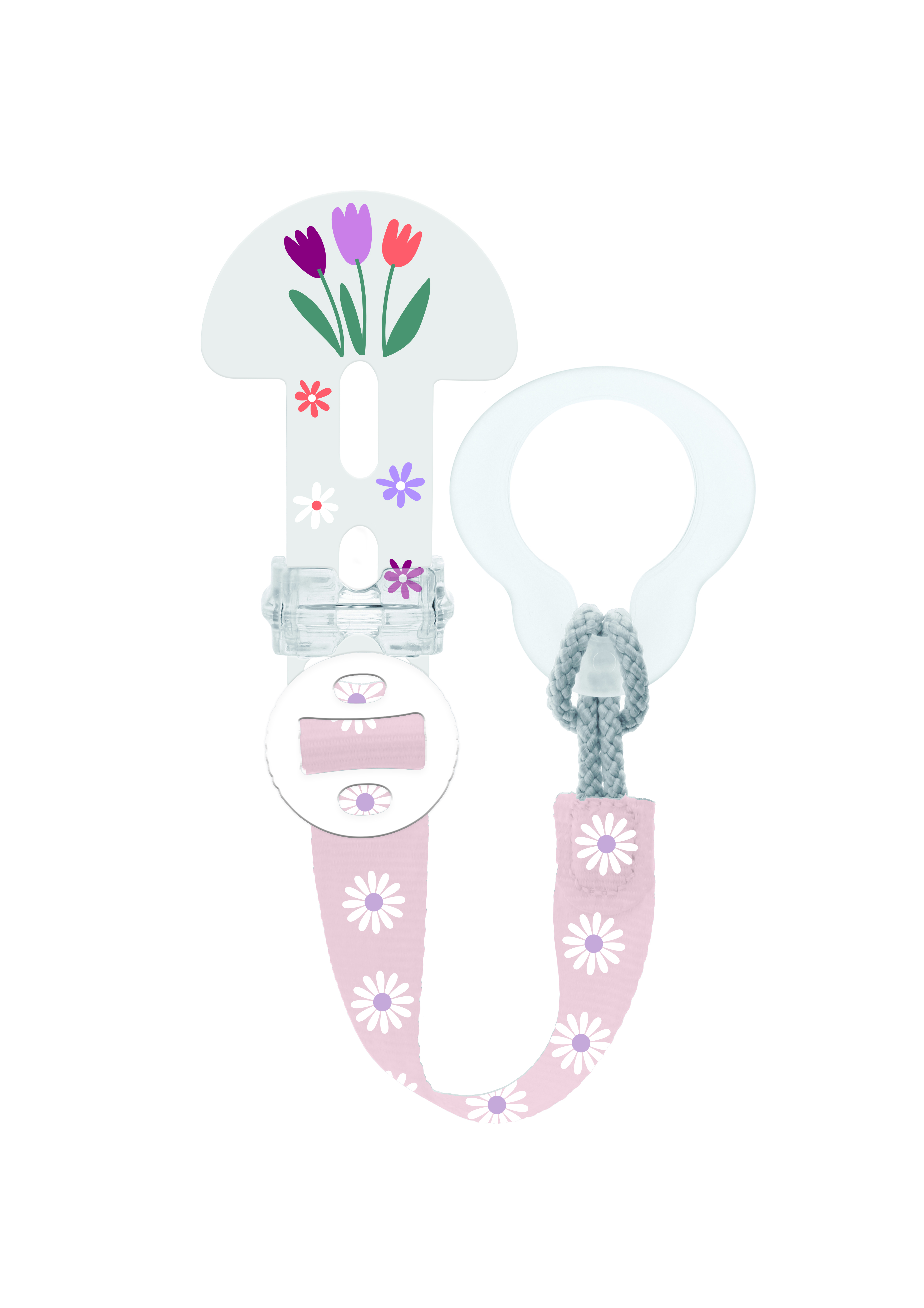 Baby smokkholder med lys grå tulipanmønstret klips, rosa tusenfryd-stropp og hvit ringfeste.