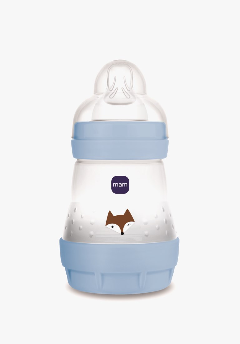 Lyseblå babyflaske med gjennomsiktig kropp, silikonsmokk og blinkende revdesign.