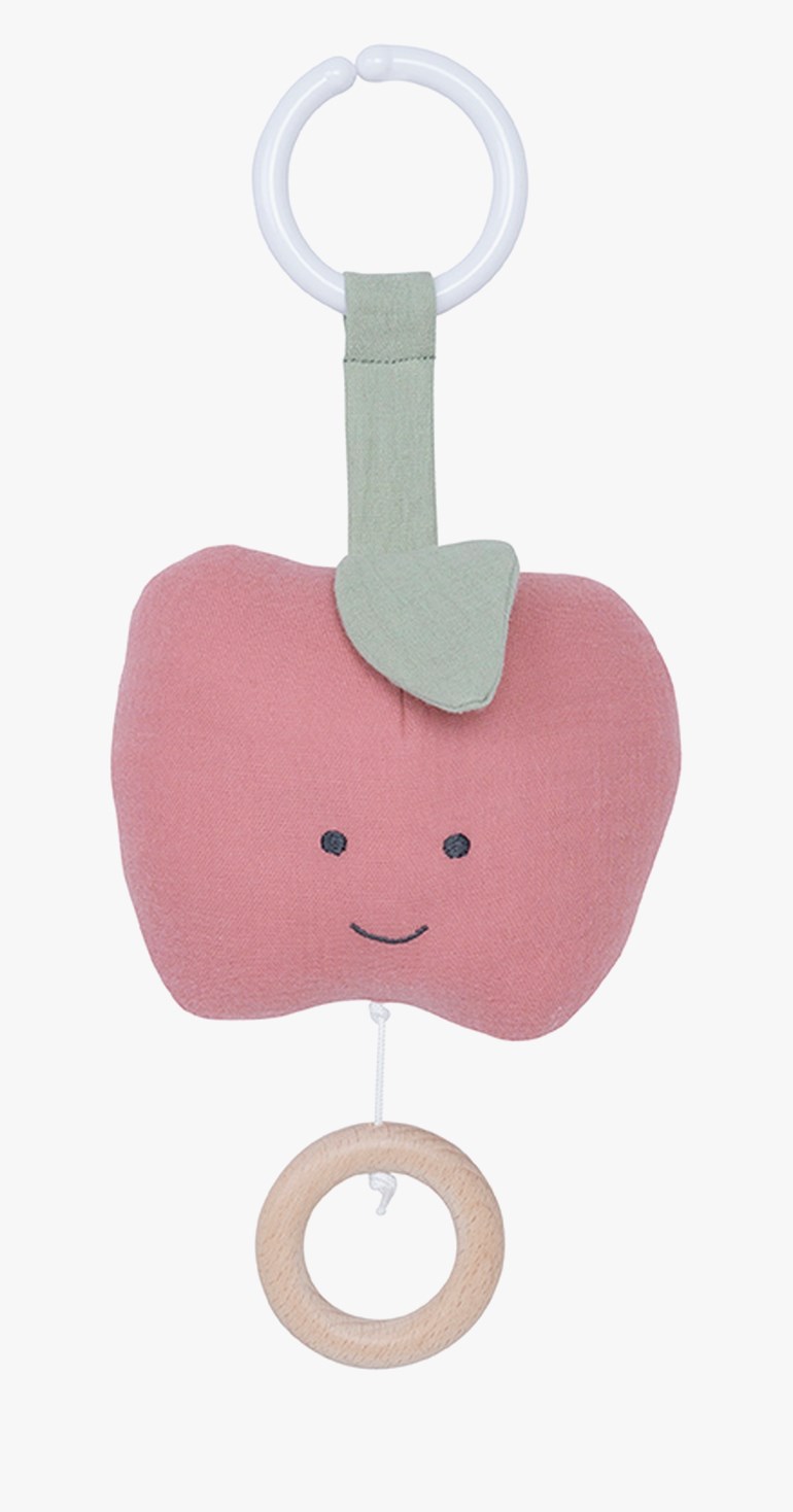 En rosa epleformet babyrangle med smilefjes, grønt blad, hvitt oppheng og trekkeringsleke.