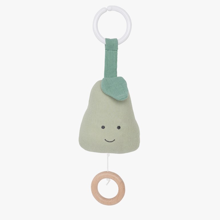 Lys grønn plysj pære baby spilledåse med brodert ansikt, hvit klipsring og trekke ring.
