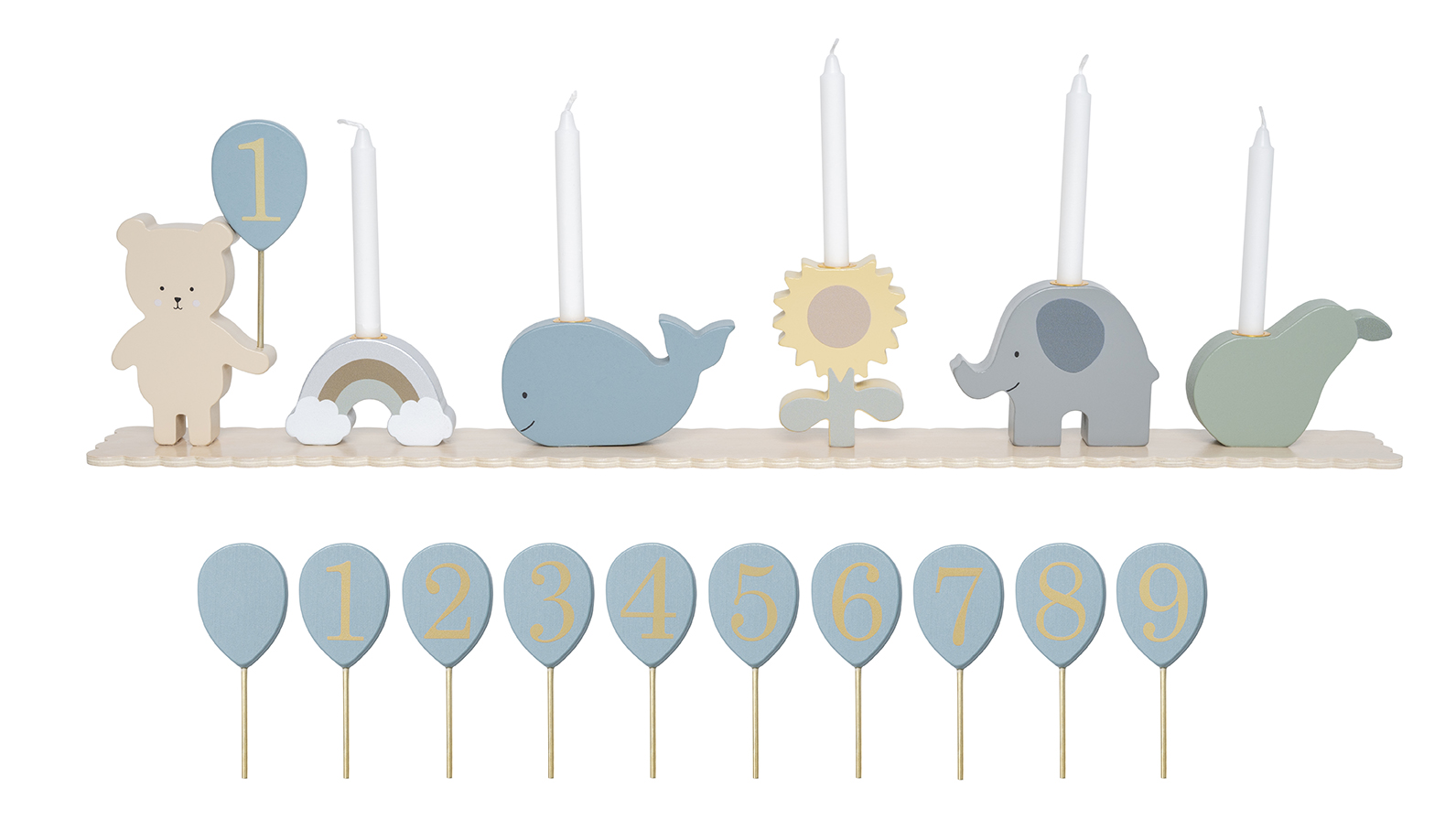 Bursdagstog lysholder sett i tre med dyre- og gjenstandsformer, pluss ti nummererte ballongpinner 0-9.