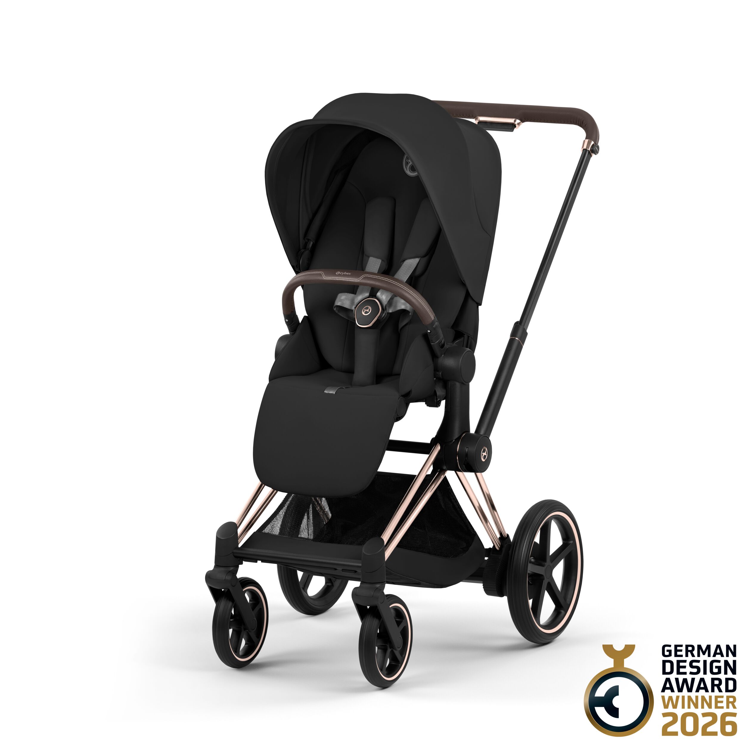 e-Priam Rosegold med brettbar liggedel (2026), sepiablack
