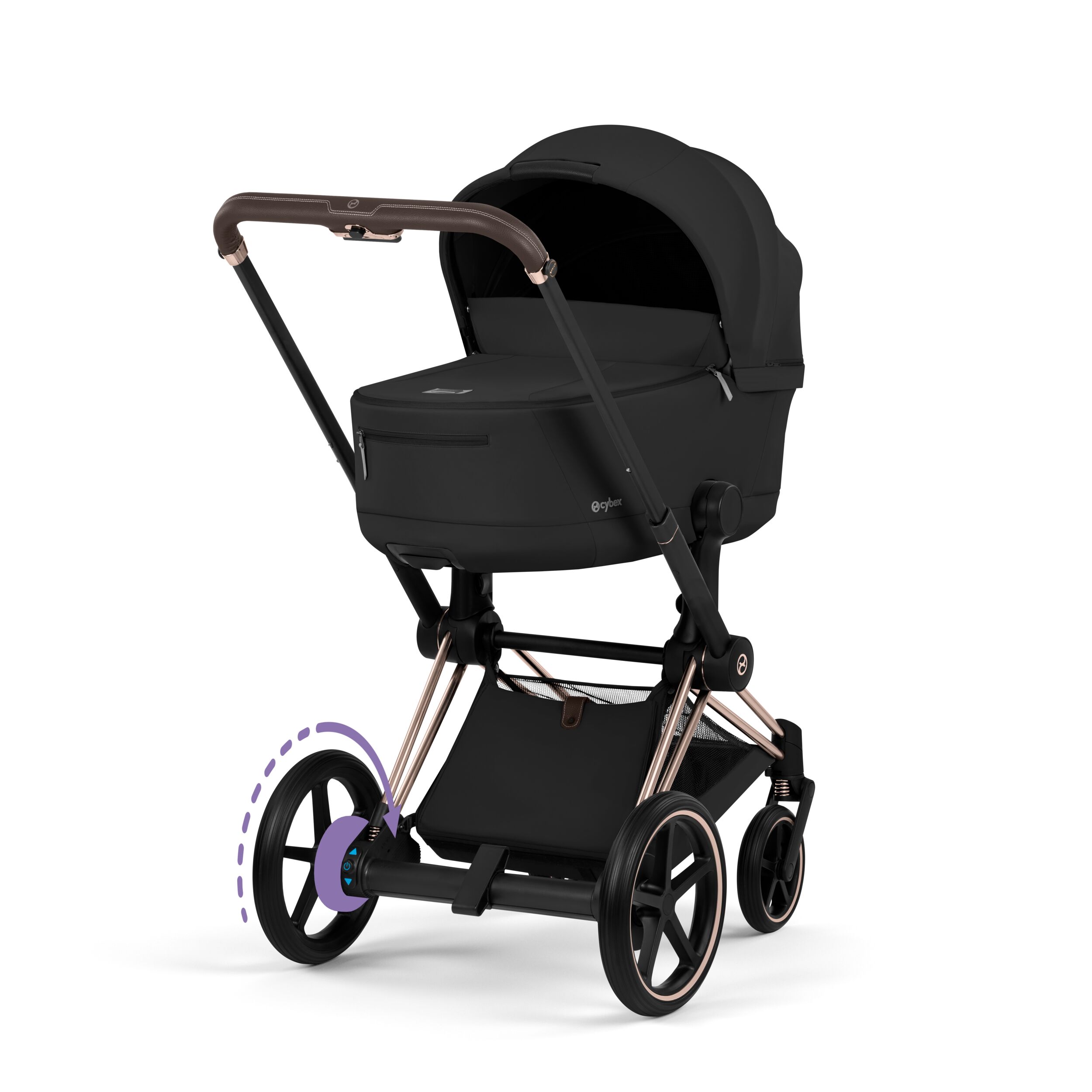 e-Priam Rosegold med brettbar liggedel (2026), sepiablack