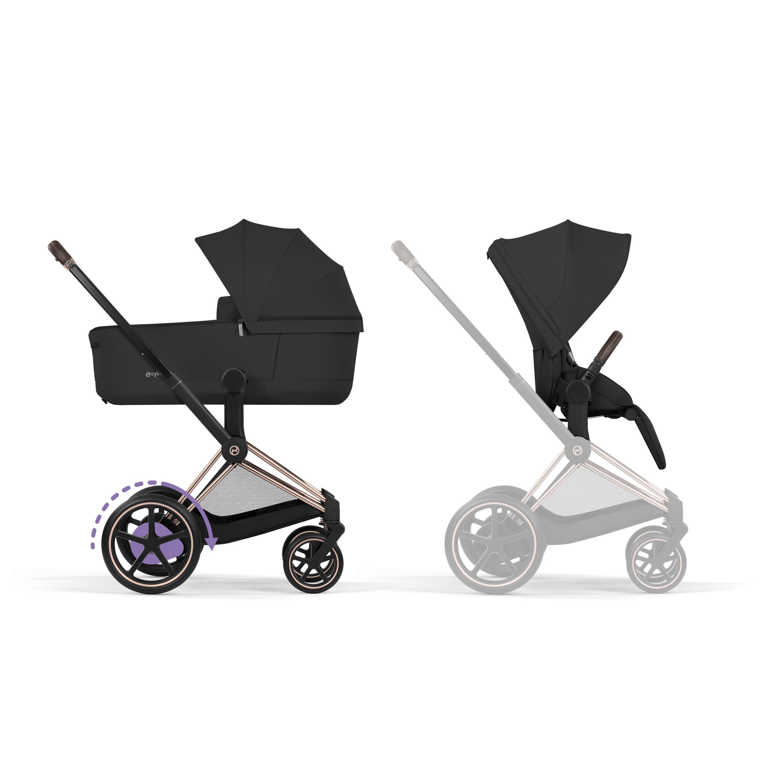 e-Priam Rosegold med brettbar liggedel (2026), sepiablack