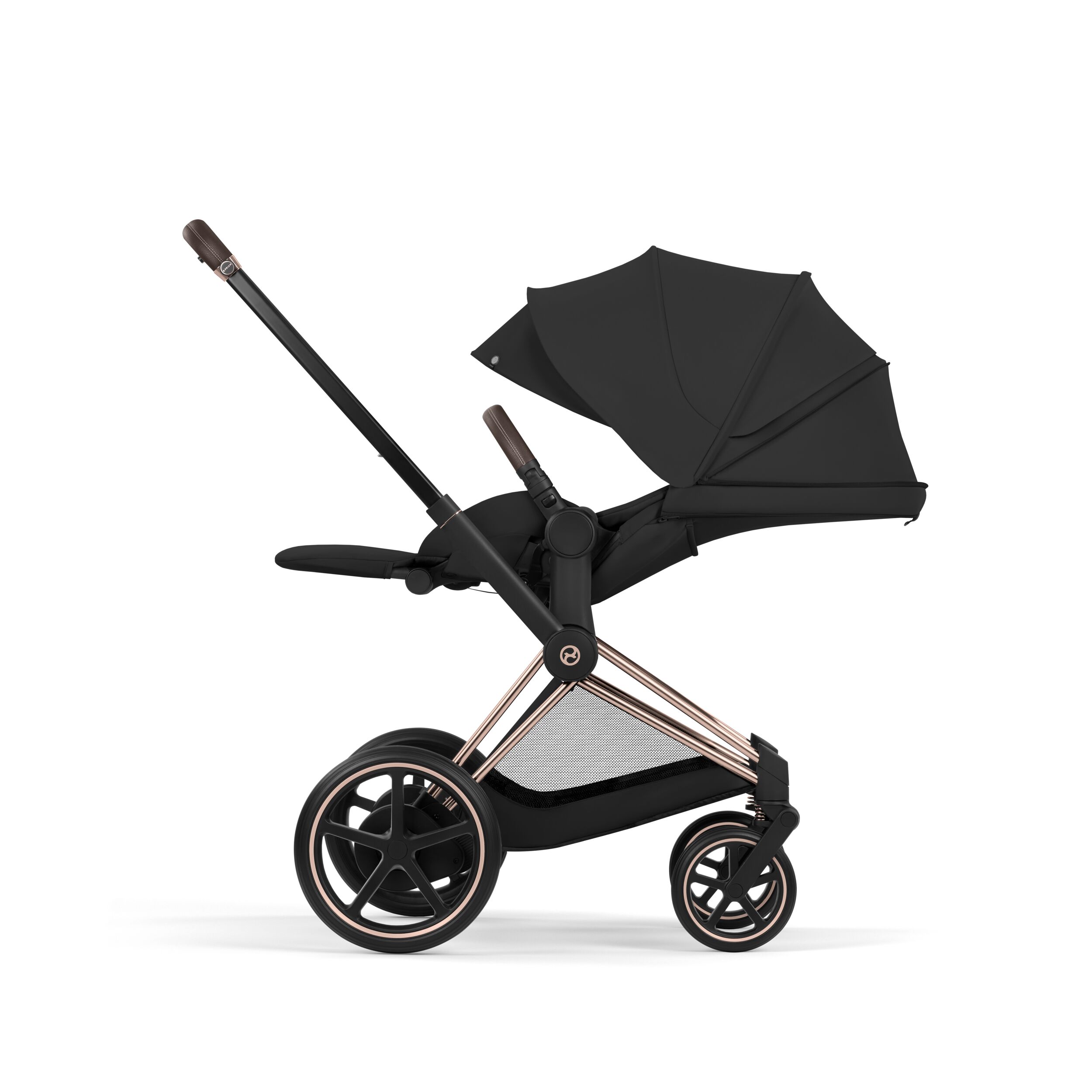 e-Priam Rosegold med brettbar liggedel (2026), sepiablack