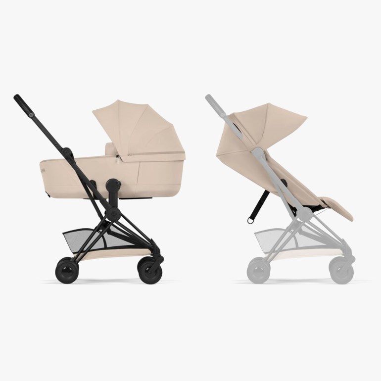 Sidevisning av en beige barnevogn med svart understell, ved siden av en utonad beige sportsvogn.
