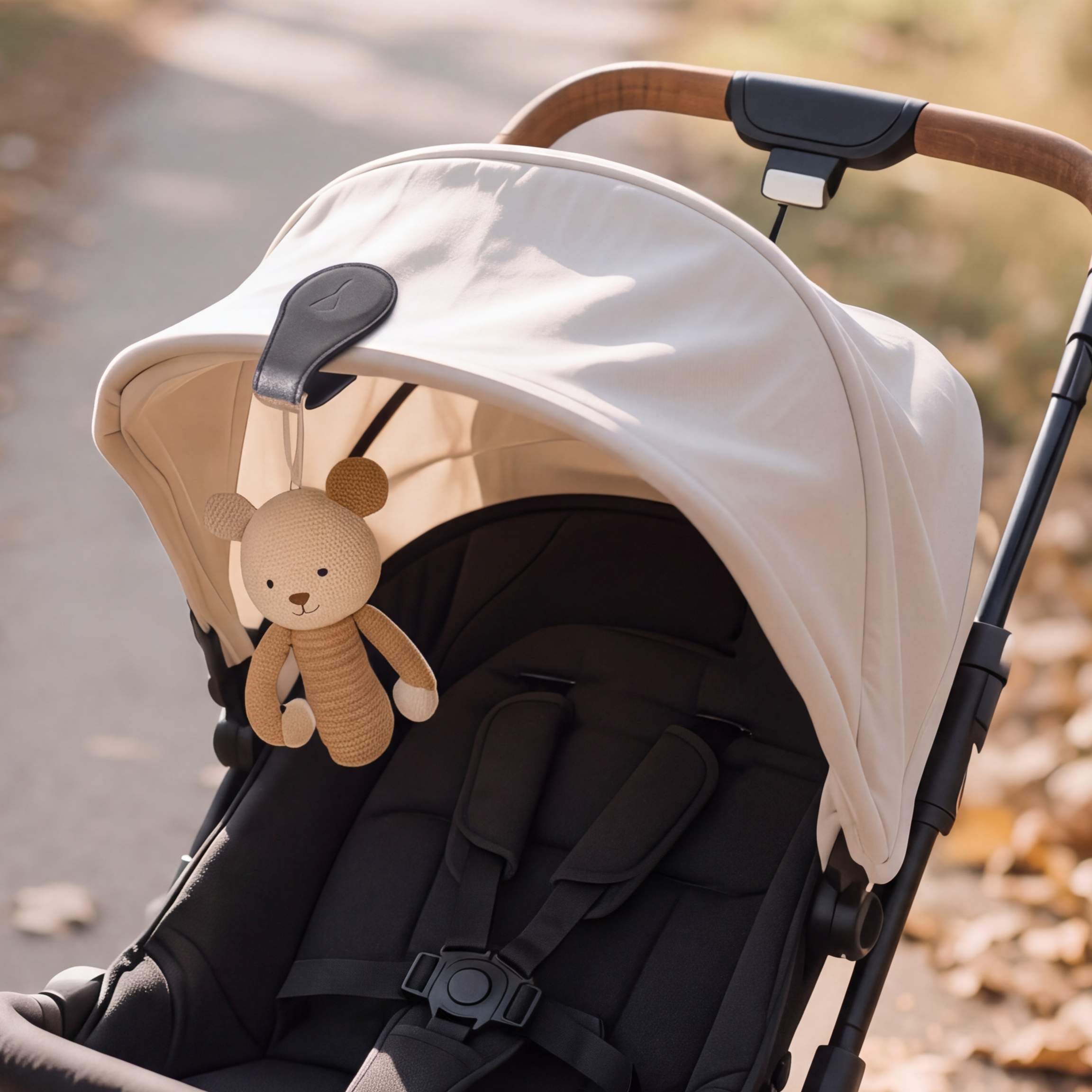 Smilende baby i kremfarget langermet genser og teppe, i svart og beige barnevogn med bamse.