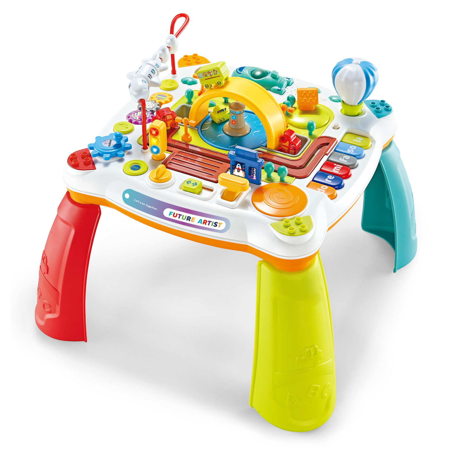 Flerfarget babybord med togspor, trafikklys, piano, tannhjul og fire fargerike ben.