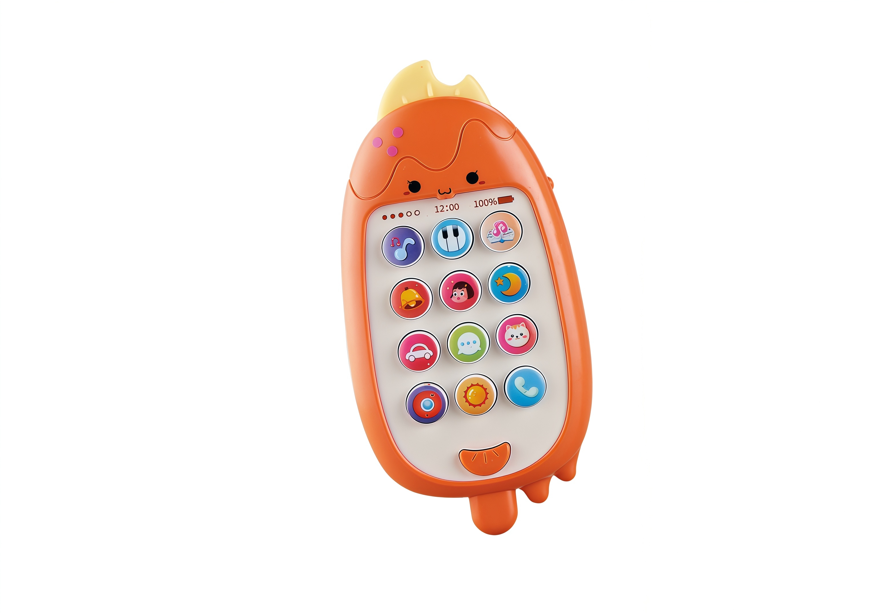 Oransje leketelefon formet som en smeltet ispinne med gul topp, en skjerm og fargerike runde knapper.