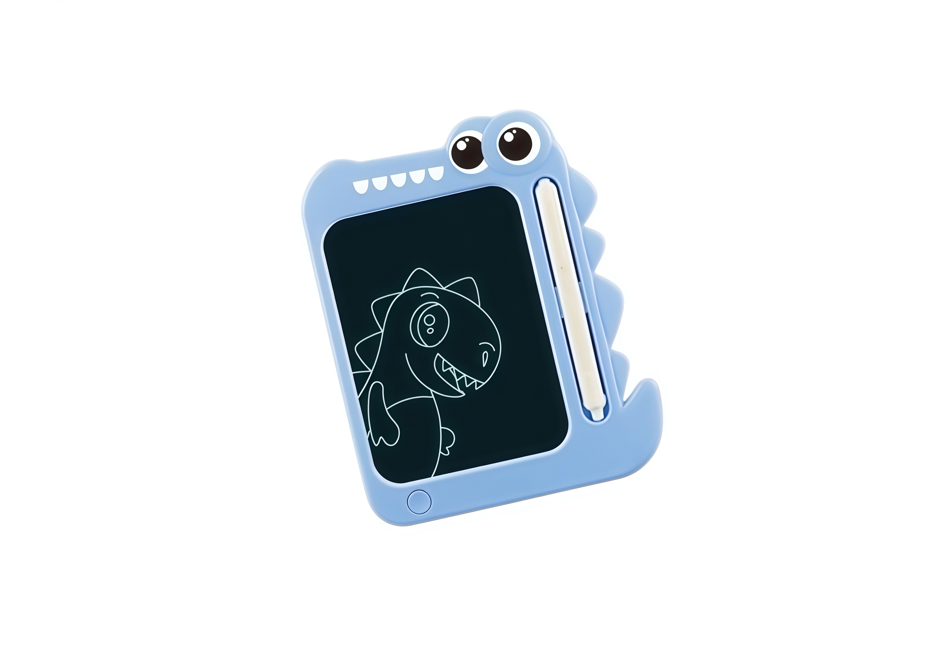 En lyseblå dinosaurformet LCD-skriveplate med en penn og en hvit dinosaurtegning på den svarte skjermen.