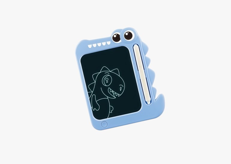 En lyseblå dinosaurformet LCD-skriveplate med en penn og en hvit dinosaurtegning på den svarte skjermen.