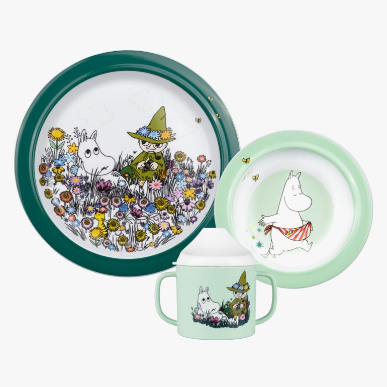 Mummi barneservise: mørkegrønn tallerken, lysegrønn skål og matchende lysegrønn kopp.